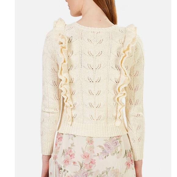 LOVESHACKFANCY Kennie Pullover Knit Sweater Ruffle Bow Cream M - Picture 4 of 11